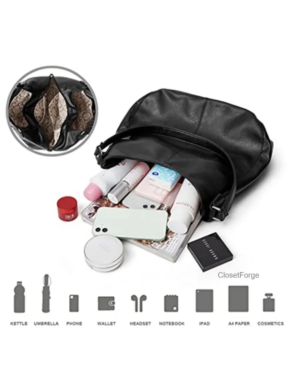 Vegan Leather Hobo Shoulder Bag Multi-Pocket Tote for Women